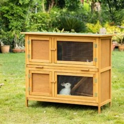 PawHut Double Decker Rabbit Hutch Bunny Cage Pet House Outdoor W/ Tray, Yellow -PawHut Shop 64047772 3