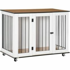 PawHut Dog Crate Furniture End Table W/ Lockable Door, For Large Dogs - White