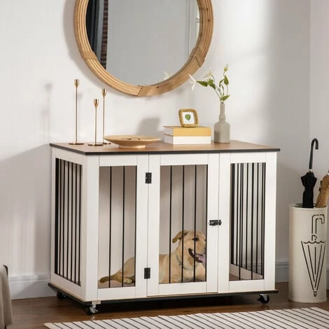 PawHut Dog Crate Furniture End Table w/ Lockable Door, for Large Dogs - White PawHut Dog Crate Furniture End Table W/ Lockable Door, For Large Dogs - White -PawHut Shop 64178396 3