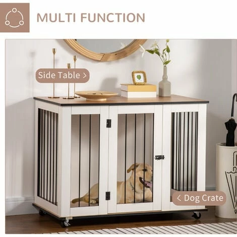 PawHut Dog Crate Furniture End Table w/ Lockable Door, for Large Dogs - White PawHut Dog Crate Furniture End Table W/ Lockable Door, For Large Dogs - White -PawHut Shop 64178396 4