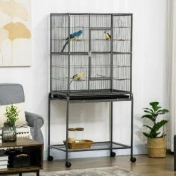 PawHut Rolling Bird Cage W/ Detachable Stand Storage Shelf Wood Perch Food Cup -PawHut Shop 66623634 3