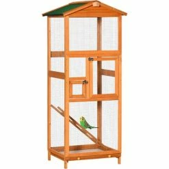 PawHut Wooden Bird Cage Outdoor Aviary For Finches W/ Removable Tray - Orange