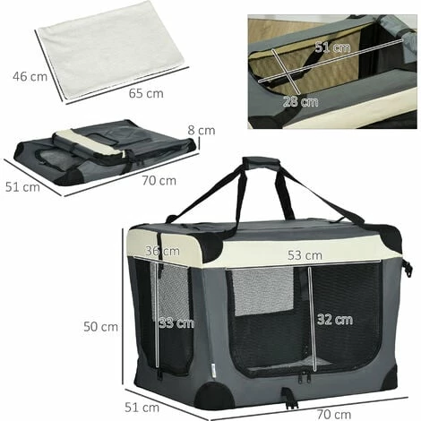 PawHut 70cm Foldable Pet Carrier w/ Cushion for Mini Dogs and Cats - Grey PawHut 70cm Foldable Pet Carrier W/ Cushion For Mini Dogs And Cats - Grey -PawHut Shop 69662183 2