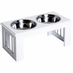 PawHut Stainless Steel Raised Dog Feeding Bowls With Stand For Small Medium Dogs Elevated Twin Pet Bowls Water Food Feeder 58.4L X 30.5W X 25.4H Cm - White