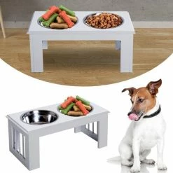 PawHut Stainless Steel Raised Dog Feeding Bowls With Stand For Small Medium Dogs Elevated Twin Pet Bowls Water Food Feeder 58.4L X 30.5W X 25.4H Cm - White -PawHut Shop 7061044 3