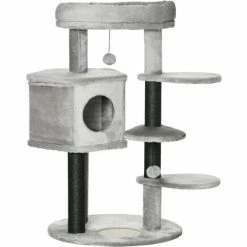 PawHut Cat Tree Cat Tower W/ Ramp, Bed, Cat House, Toy Ball - Light Grey