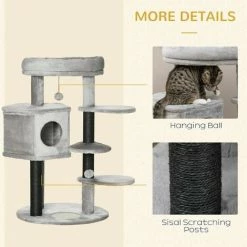 PawHut Cat Tree Cat Tower W/ Ramp, Bed, Cat House, Toy Ball - Light Grey -PawHut Shop 71180833 5