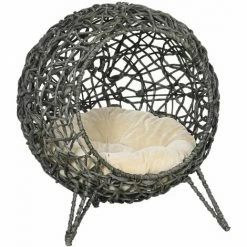 PawHut Rattan Elevated Cat House Kitten Bed Pet Furniture W/ Cushion Grey