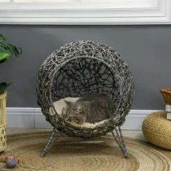 PawHut Rattan Elevated Cat House Kitten Bed Pet Furniture W/ Cushion Grey -PawHut Shop 71623770 3