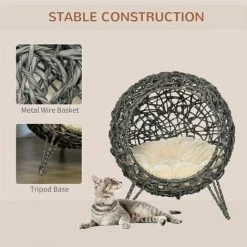 PawHut Rattan Elevated Cat House Kitten Bed Pet Furniture W/ Cushion Grey -PawHut Shop 71623770 4