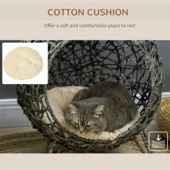 PawHut Rattan Elevated Cat House Kitten Bed Pet Furniture W/ Cushion Grey -PawHut Shop 71623770 5