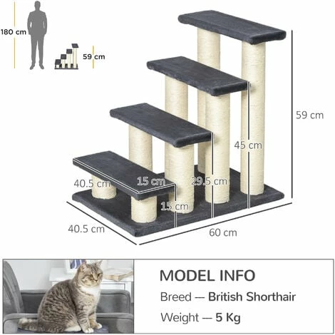 PawHut Dog Steps for Bed 4 Step Pet Stairs ladder for Dog Cat Scratch Post Grey PawHut Dog Steps For Bed 4 Step Pet Stairs Ladder For Dog Cat Scratch Post Grey -PawHut Shop 7835289 2