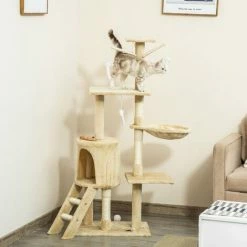 PawHut Cat Tree Kitty Activity Centre Scratching Post With Toys 5-tier Beige -PawHut Shop 8596235 3