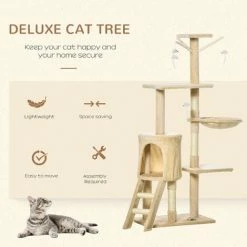 PawHut Cat Tree Kitty Activity Centre Scratching Post With Toys 5-tier Beige -PawHut Shop 8596235 4