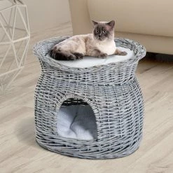 PawHut 2-Tier Elevated Pet Bed Basket Willow Cat Kitten Tower House Cave With Cushions -PawHut Shop 9145532 3